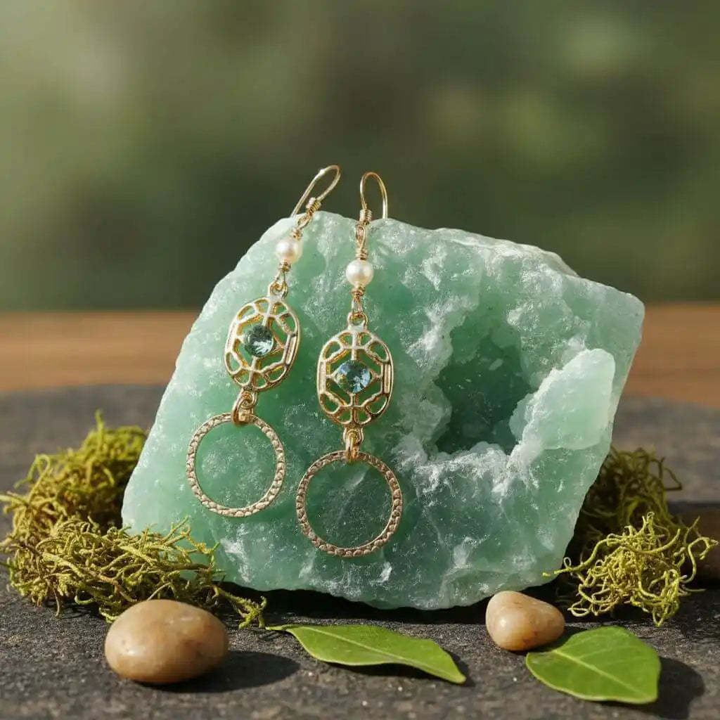 14 KT Gold Filled Green Crystal Circle Filigree Earrings-2