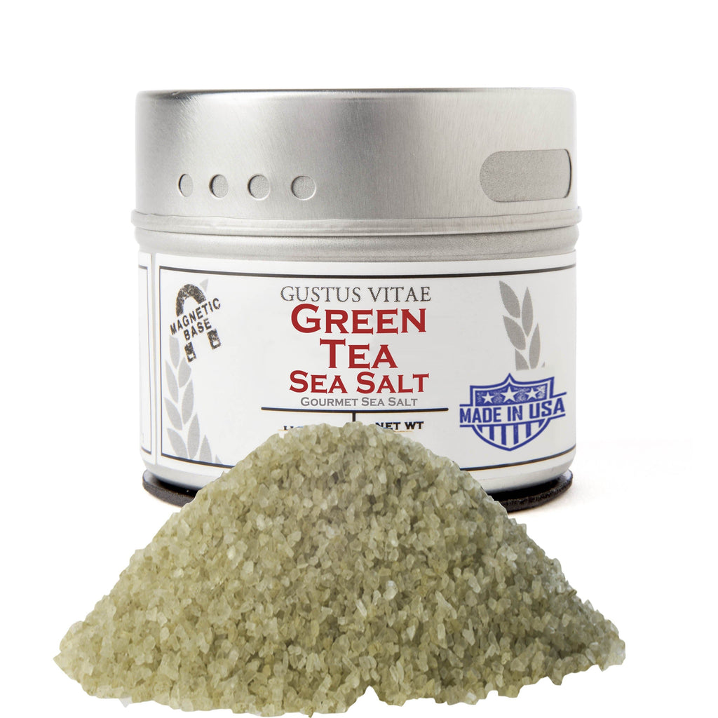 Vibrant Green Tea Sea Salt blended with matcha powder in a magnetic round spice tin