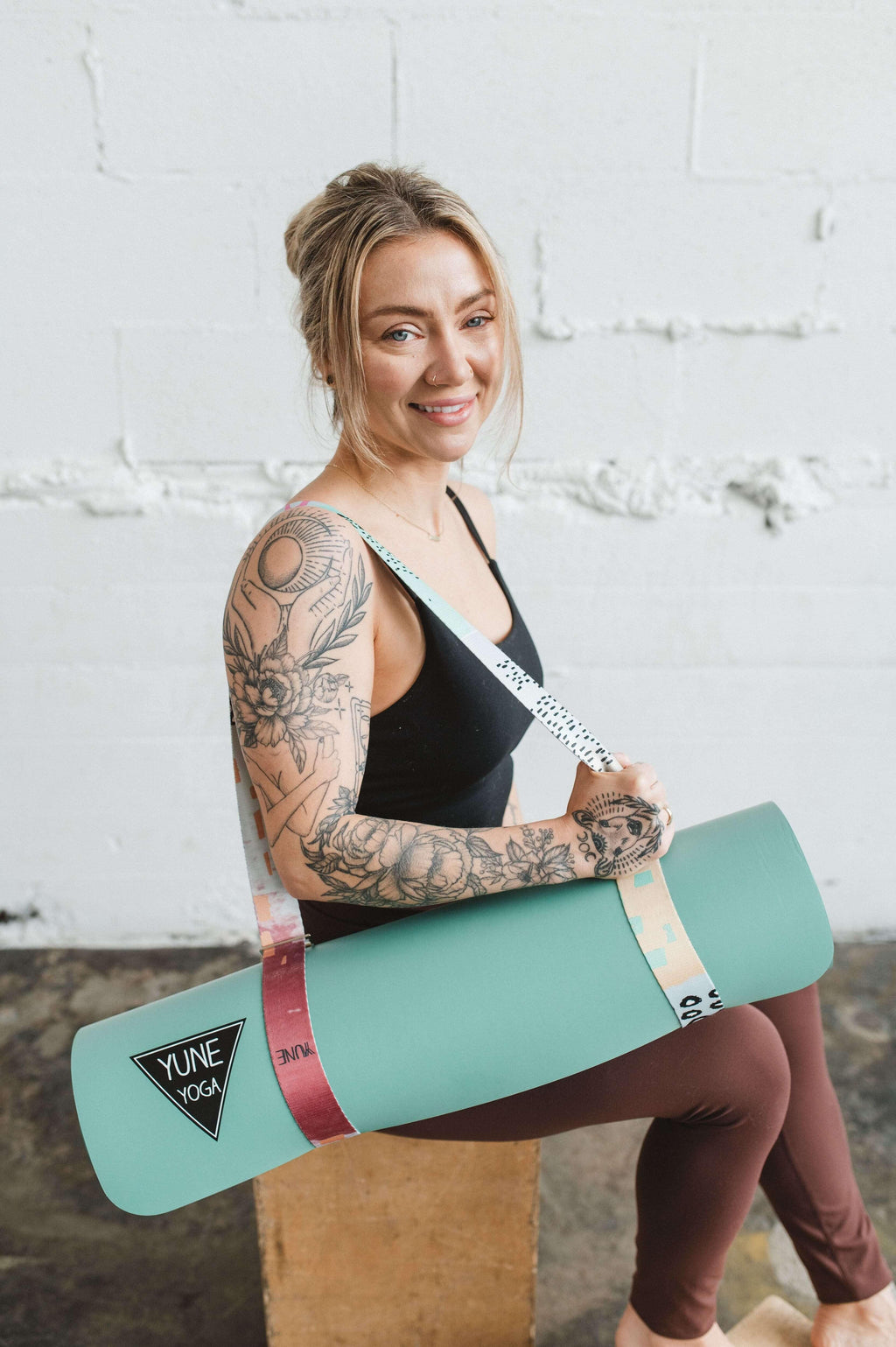 Hemlock yoga strap in forest green organic cotton with adjustable metal D-ring buckles — view 2