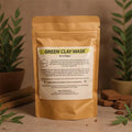 All-natural green clay facial mask powder packaged in an eco-friendly kraft paper bag.