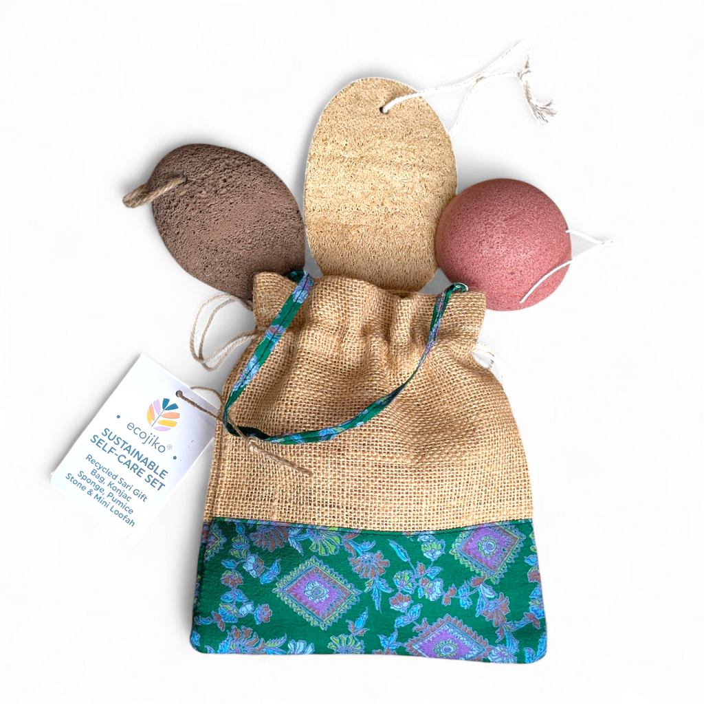 Sustainable self care beauty gift set with pumice stone, konjac sponge, loofah, and upcycled bag — view 5