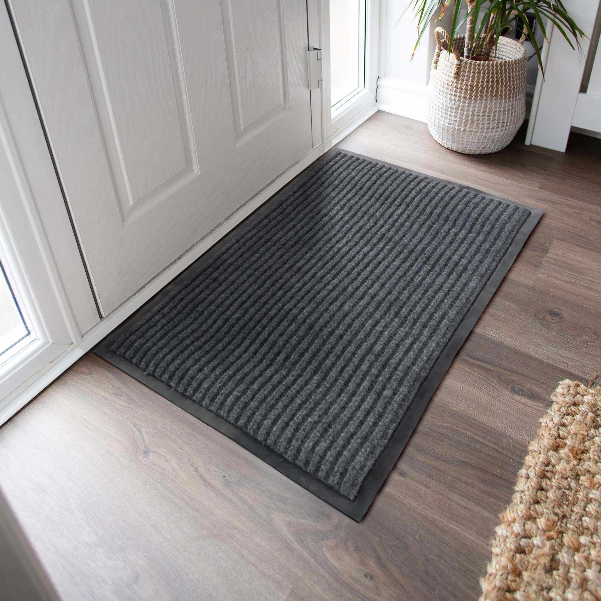 Solid gray outdoor mat with thin low profile design and non-slip rubber backing — view 3