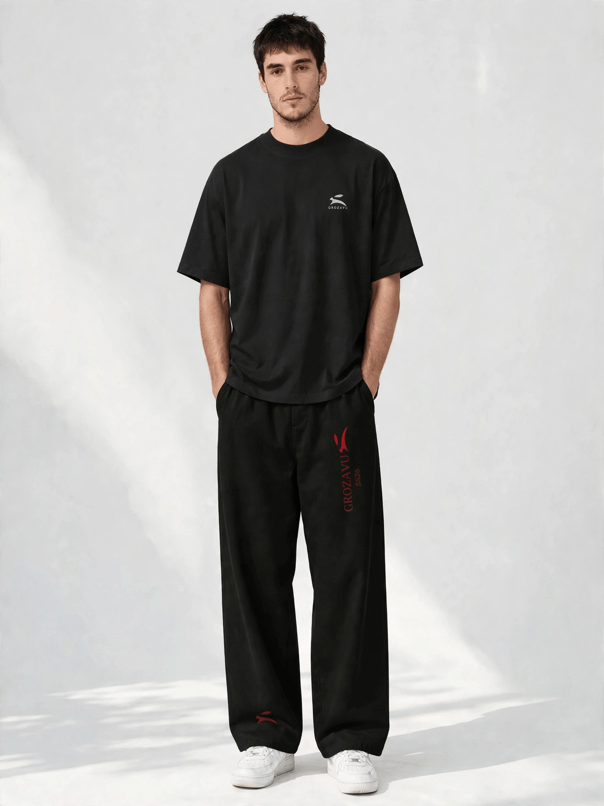 SS26 Wide-Leg Pants — Deep Red Mark-1