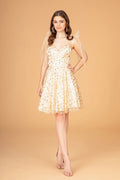 Glitter mesh babydoll short dress with floral sequins, ribbon shoulders, and open lace-up back