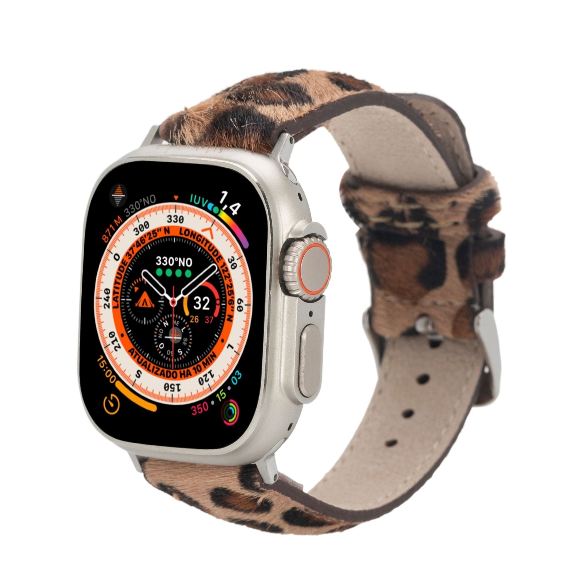 Guernsey leather Apple Watch band in a premium finish attached to a modern smartwatch case