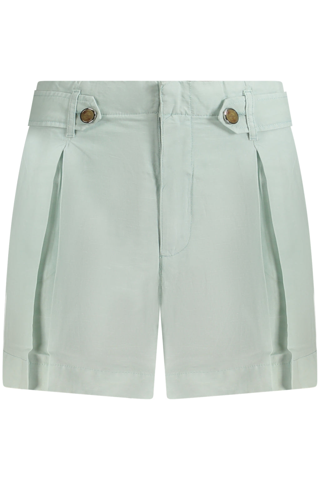 Green women's shorts in breathable linen lyocell blend featuring classic five pocket design and logo