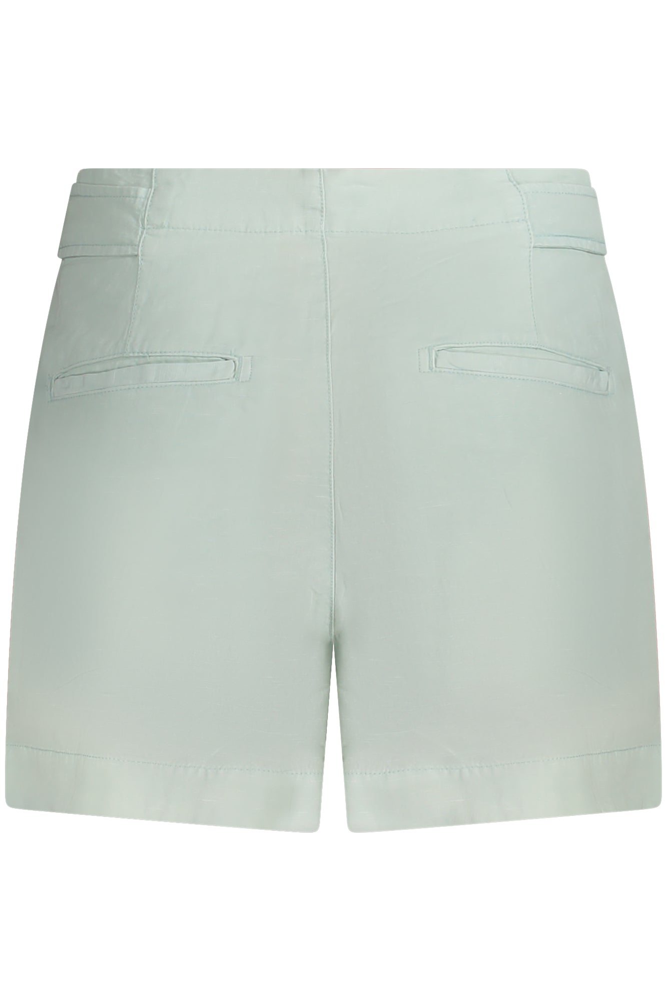 Green women's shorts in breathable linen lyocell blend featuring classic five pocket design and logo — view 2