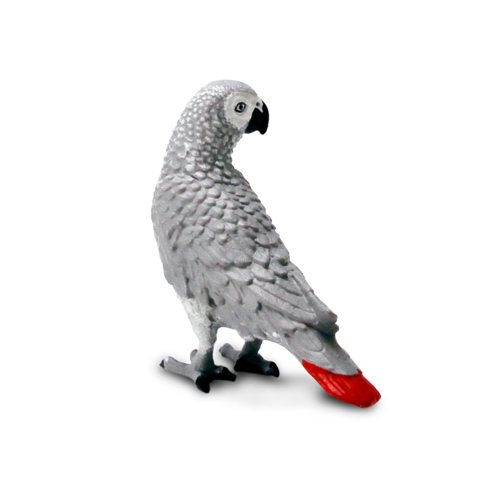 Detailed African Gray Parrot toy figure with gray feathers, red tail, and black beak — view 3