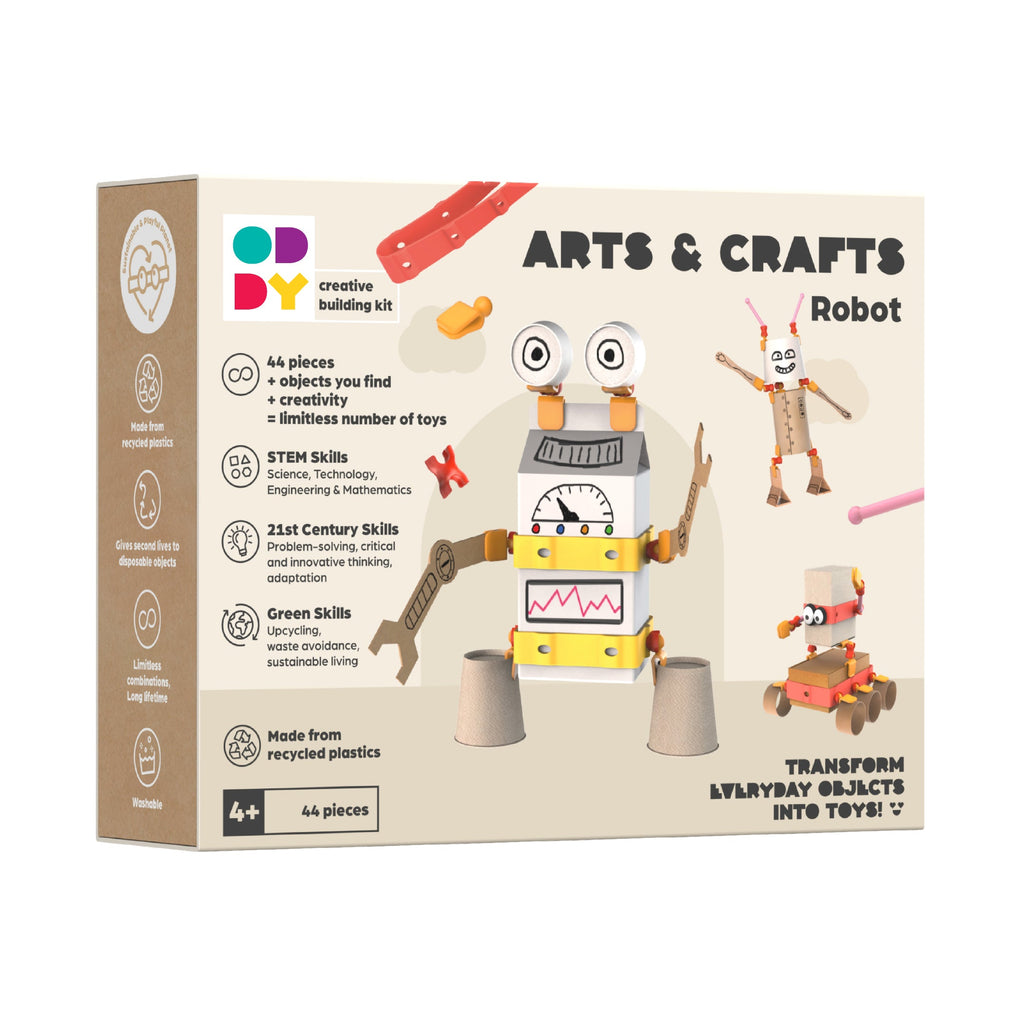 Oddy arts and crafts robot building kit with colorful interlocking pieces made from recycled materials