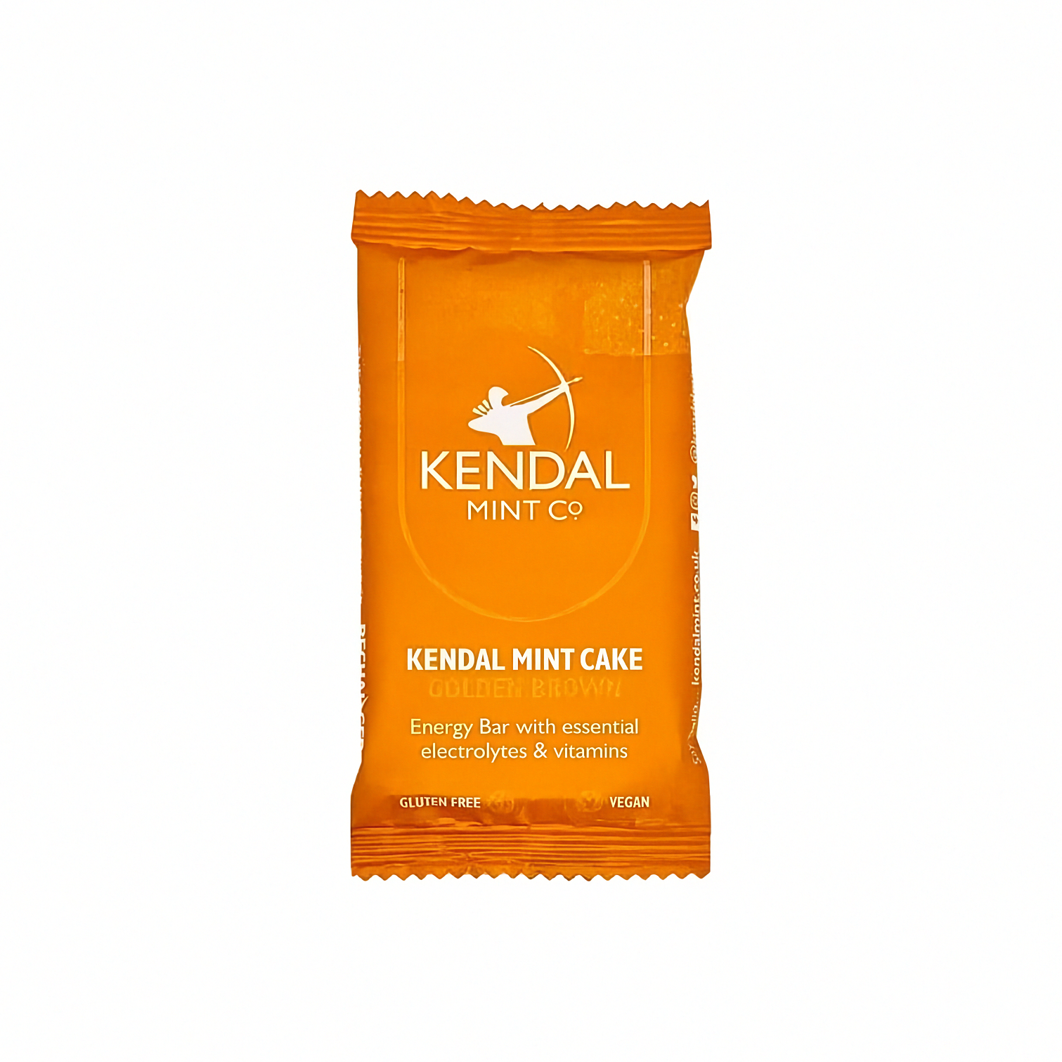 Golden brown Kendal Mint Cake vegan energy bar in compact packaging with three breakable blocks