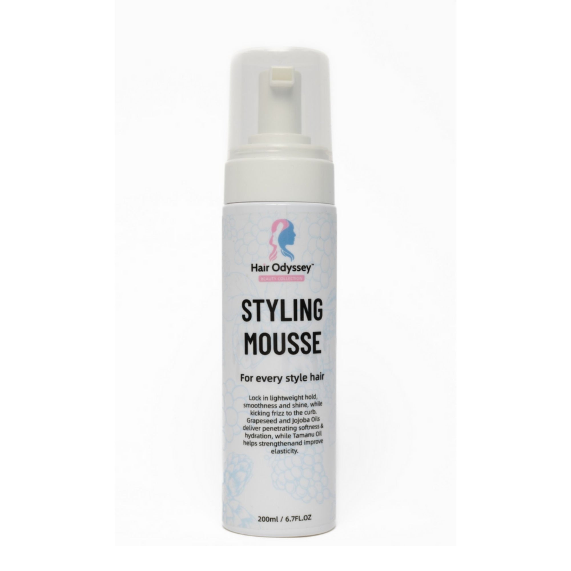 Hair Odyssey styling mousse dispenser bottle showcasing lightweight strong hold formula with botanical oils