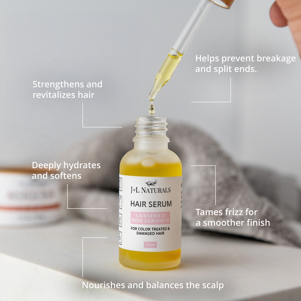 Vegan hair serum in a one ounce glass dropper bottle with natural botanical oils — view 3