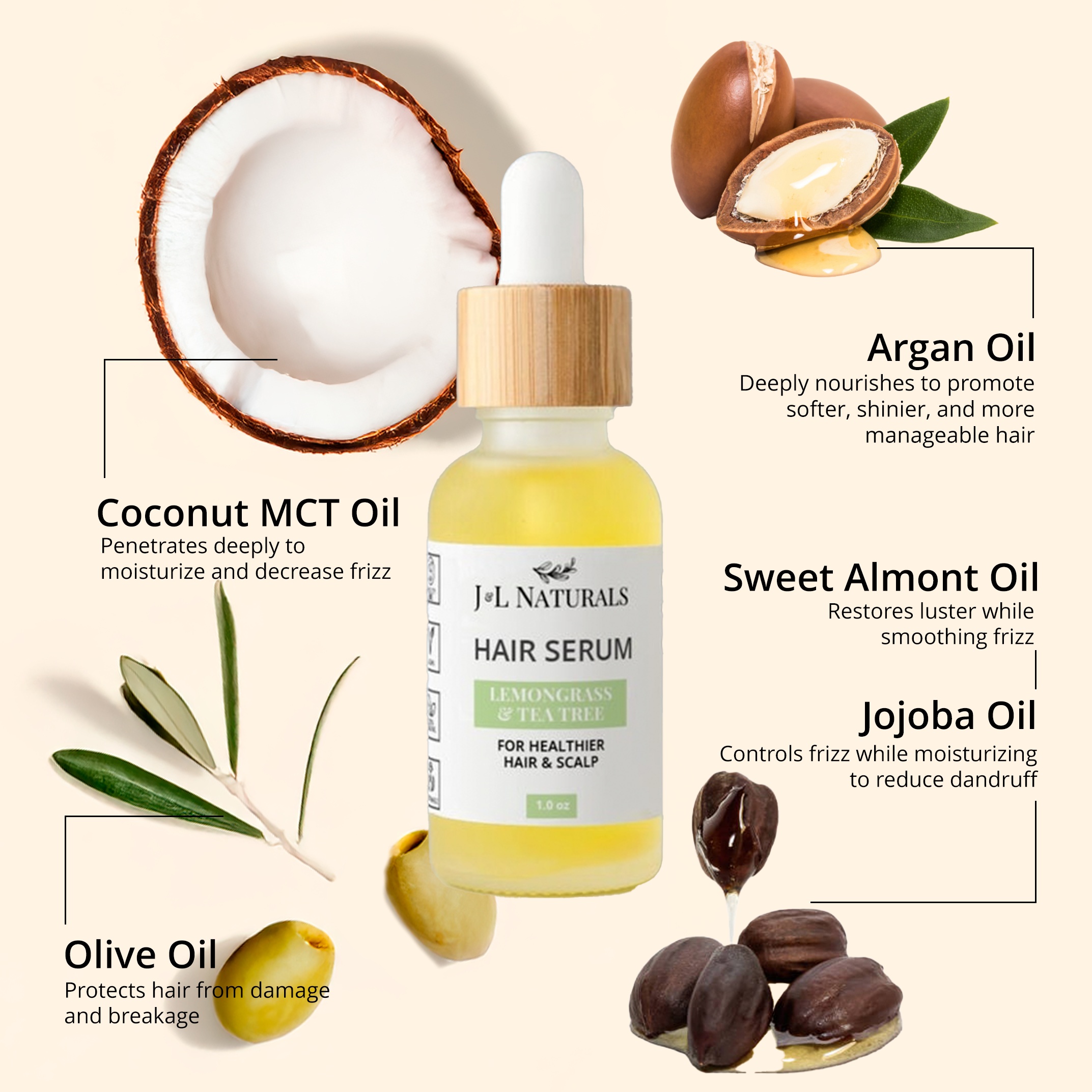 Vegan hair serum in a one ounce glass dropper bottle with natural botanical oils — view 5
