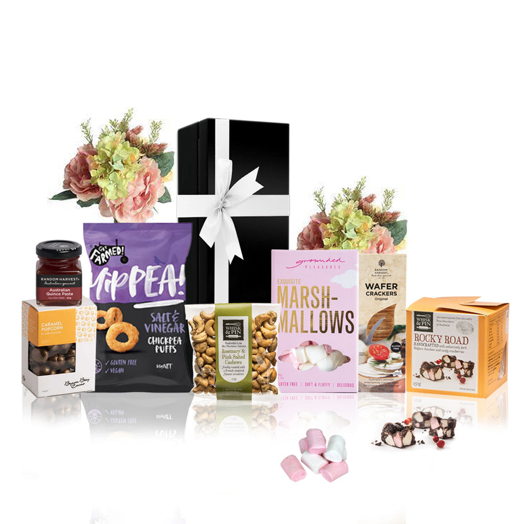 Premium gluten free snack gift hamper in a foldable presentation box with a white bow
