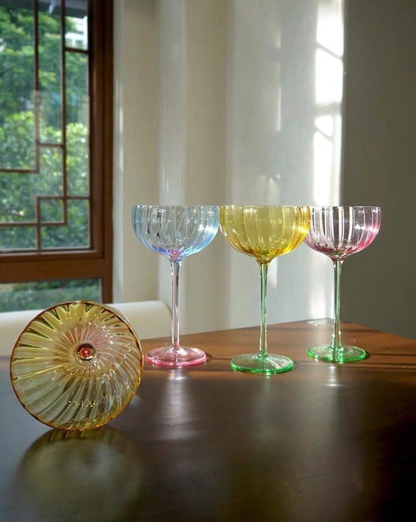 Hand blown retro pastel coupe cocktail glasses set of four in assorted translucent vintage colors — view 2