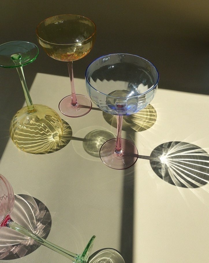 Hand blown retro pastel coupe cocktail glasses set of four in assorted translucent vintage colors — view 4