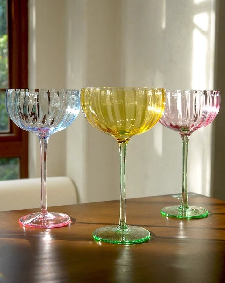 Hand blown retro pastel coupe cocktail glasses set of four in assorted translucent vintage colors — view 3