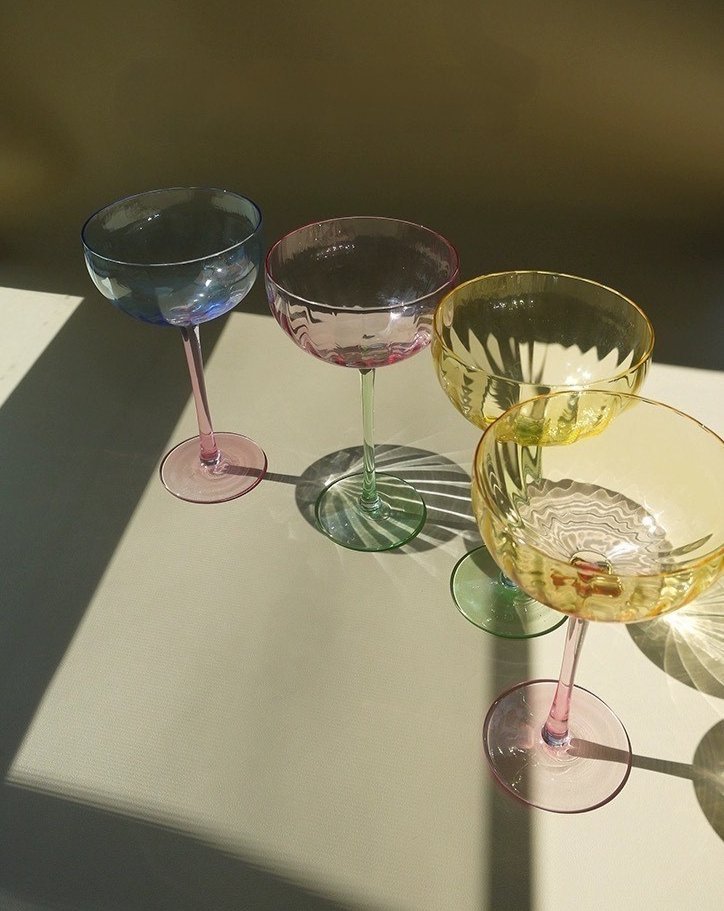 Hand blown retro pastel coupe cocktail glasses set of four in assorted translucent vintage colors — view 5