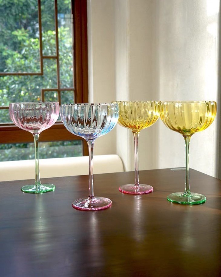 Hand blown retro pastel coupe cocktail glasses set of four in assorted translucent vintage colors