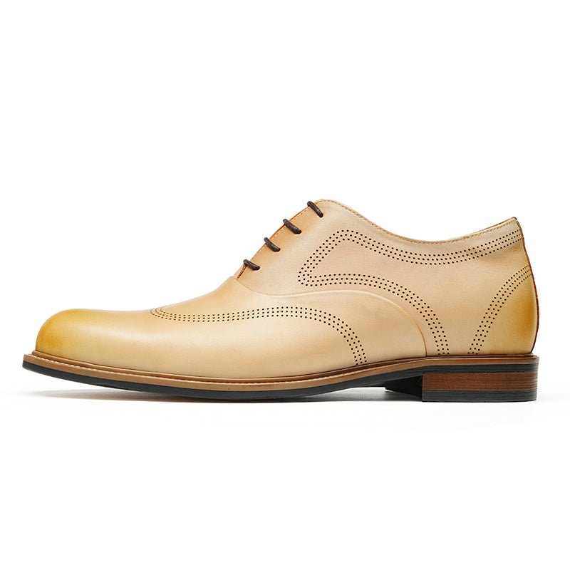 Hand-finished beige calfskin leather wingtip oxford dress shoes for men with detailed perforations