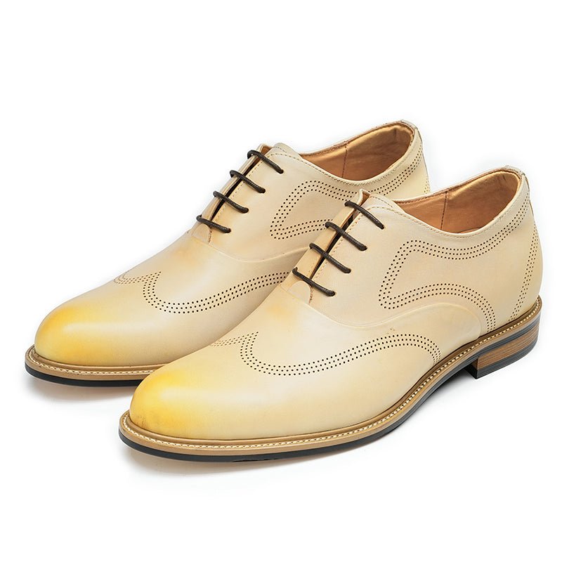 Hand-finished beige calfskin leather wingtip oxford dress shoes for men with detailed perforations — view 3