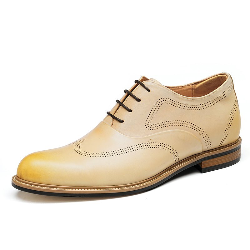 Hand-finished beige calfskin leather wingtip oxford dress shoes for men with detailed perforations — view 2