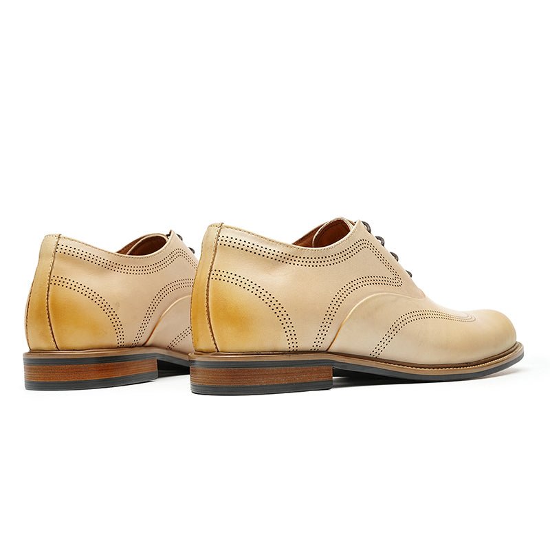 Hand-finished beige calfskin leather wingtip oxford dress shoes for men with detailed perforations — view 5