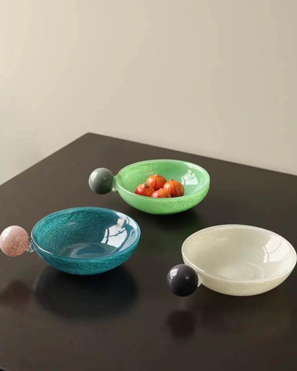 Whimsical handblown glass salad bowl with tropical fruit inspired design functioning as eclectic home decor — view 2