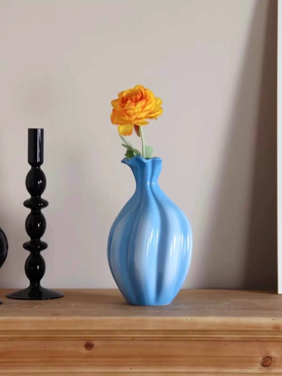 Handcrafted French style gradient blue ceramic vase for elegant home floral arrangements and unique decor.