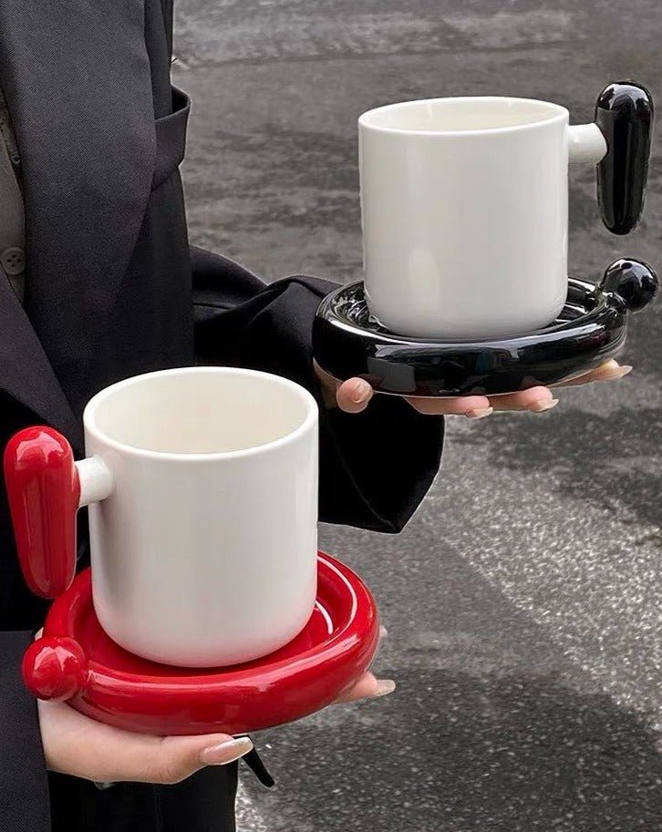 Handmade ceramic novelty coffee mug and saucer set with a playful exclamation point design — view 2