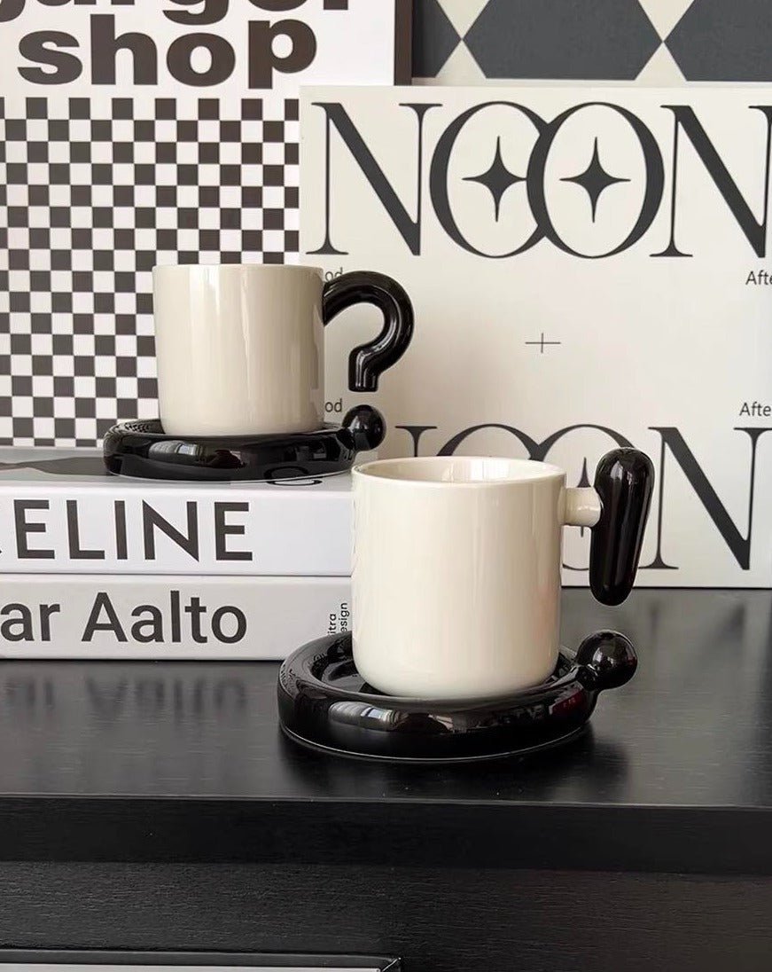 Handmade ceramic novelty coffee mug and saucer set with a playful exclamation point design — view 4