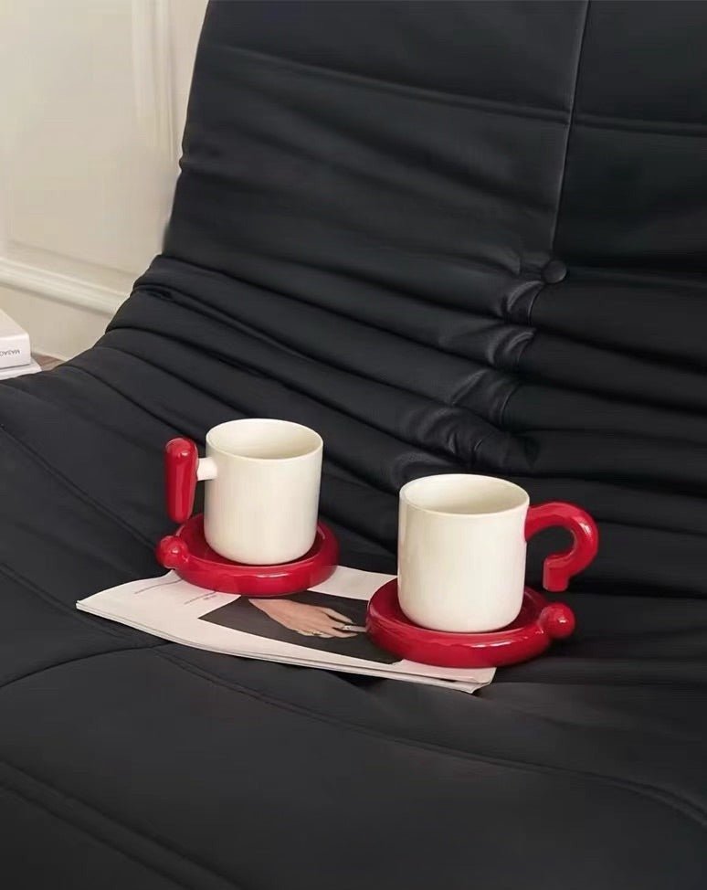 Handmade ceramic novelty coffee mug and saucer set with a playful exclamation point design — view 3