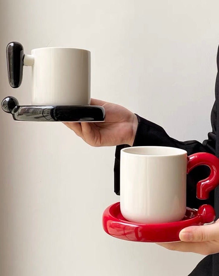 Handmade ceramic novelty coffee mug and saucer set with a playful exclamation point design