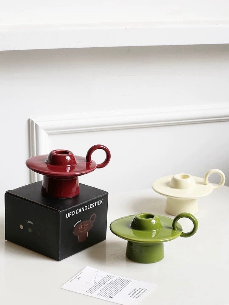 Handmade ceramic UFO candle holder with ring handle for retro style dining table decor — view 2