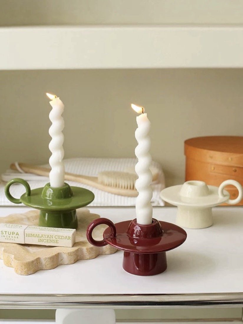 Handmade ceramic UFO candle holder with ring handle for retro style dining table decor