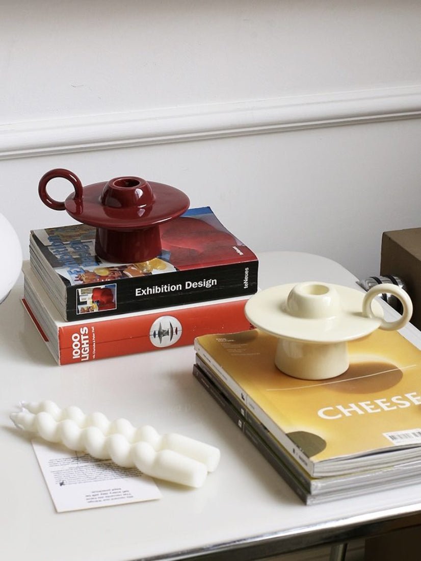 Handmade ceramic UFO candle holder with ring handle for retro style dining table decor — view 5