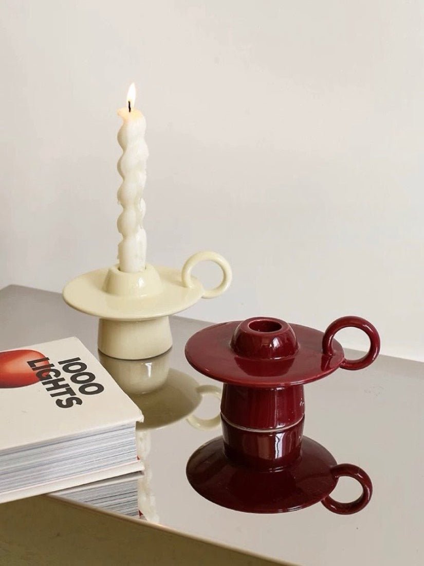 Handmade ceramic UFO candle holder with ring handle for retro style dining table decor — view 3