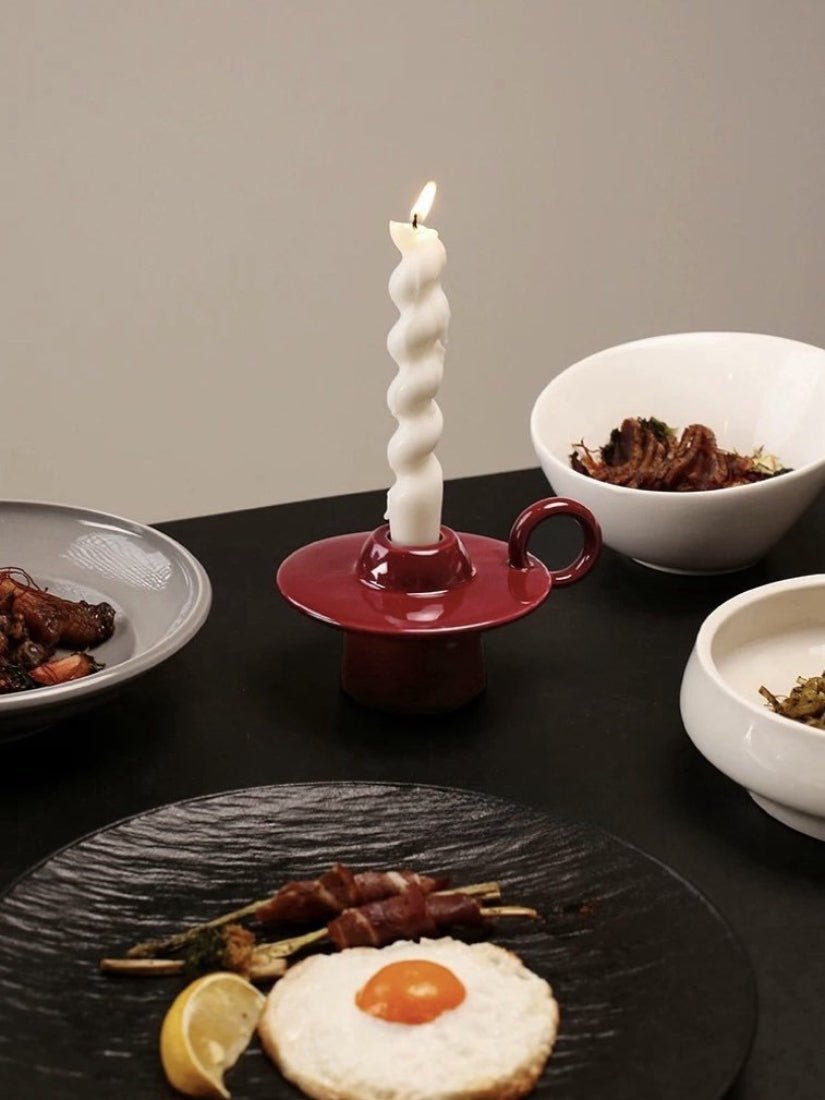 Handmade ceramic UFO candle holder with ring handle for retro style dining table decor — view 4