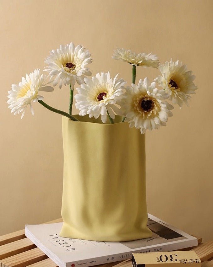 Handmade ceramic wrinkle vase in a neutral Morandi color for modern home decor — view 4