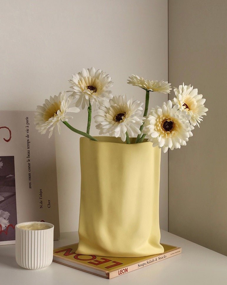 Handmade ceramic wrinkle vase in a neutral Morandi color for modern home decor — view 3