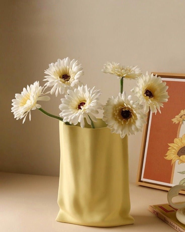 Handmade ceramic wrinkle vase in a neutral Morandi color for modern home decor
