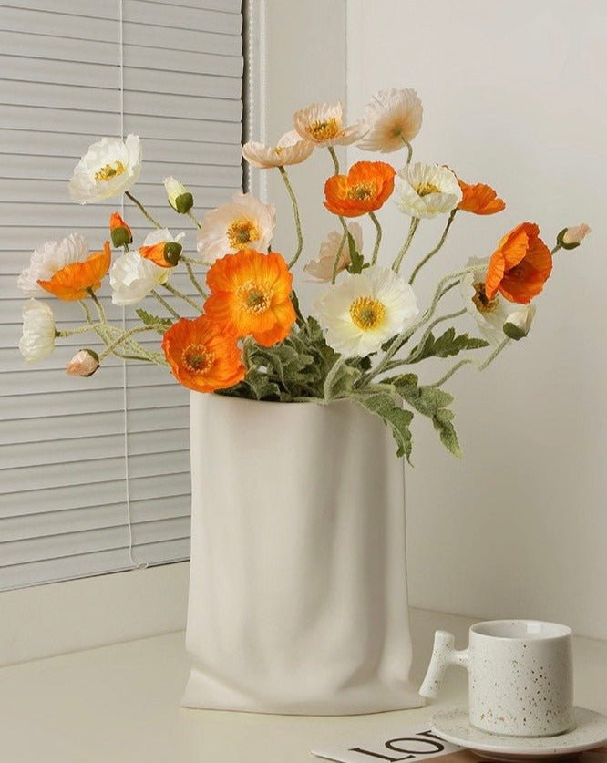 Handmade ceramic wrinkle vase in a neutral Morandi color for modern home decor — view 5