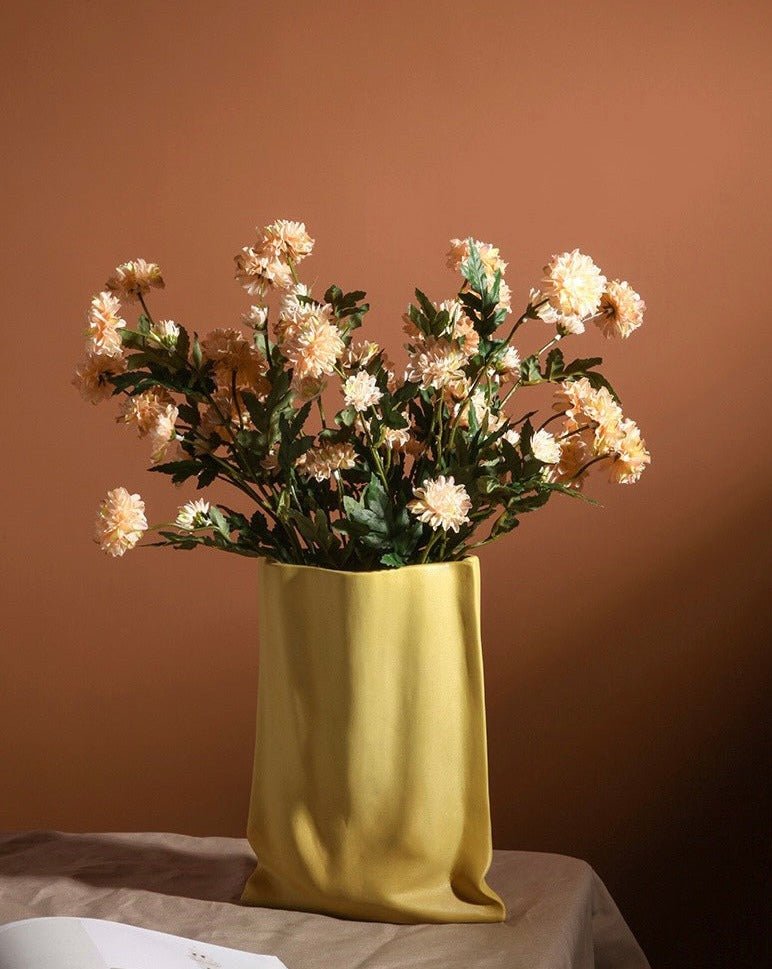 Handmade ceramic wrinkle vase in a neutral Morandi color for modern home decor — view 2