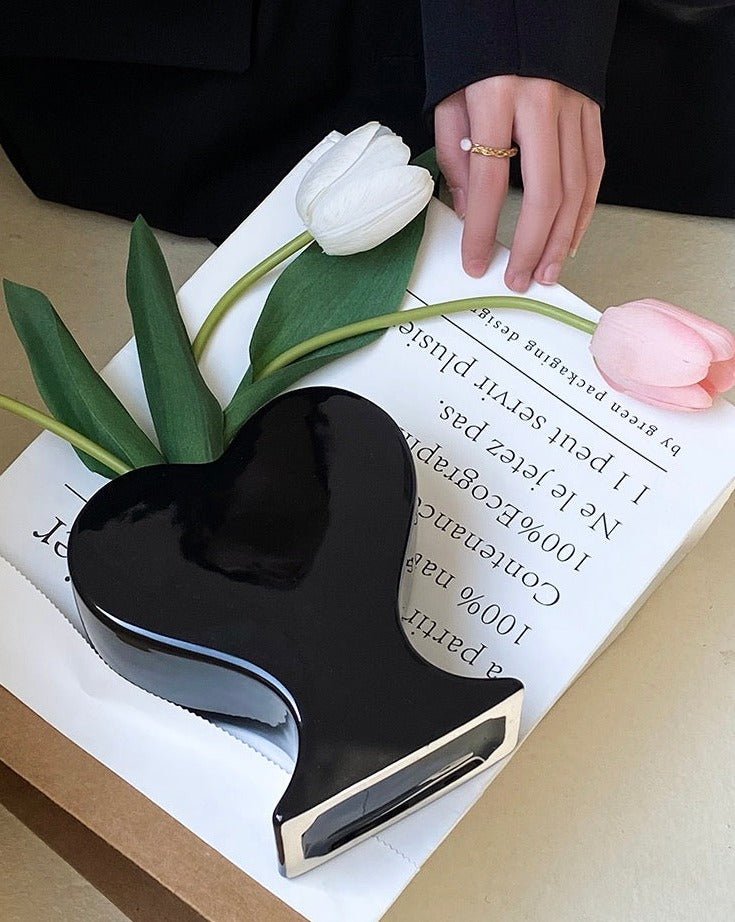 Handmade ceramic heart-shaped flower vase in a retro decorative pottery style for eclectic home decor — view 5