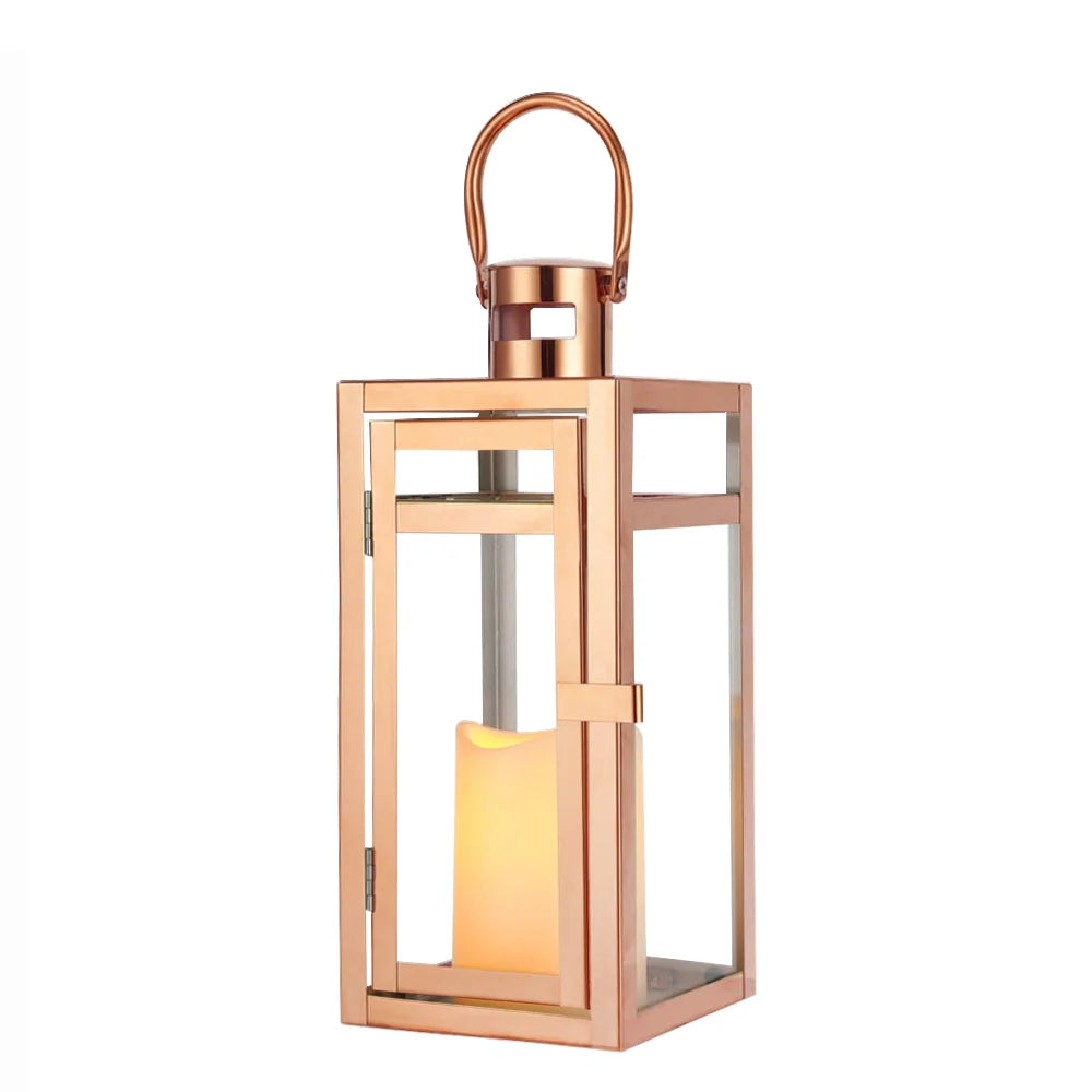 Rose gold decorative candle lantern, 12-inch metal and glass frame with top hanging ring — view 5