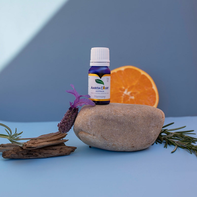 Harmony essential oil blend in a 10ml amber glass bottle for calming and grounding aromatherapy — view 2