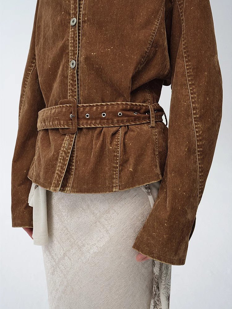 Women's retro distressed flocked denim jacket with leg of mutton sleeves and low waistband — view 5