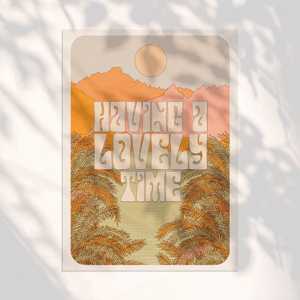 Retro having a lovely time typographic art print with colorful moon and nature landscape illustration — view 4