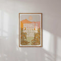 Retro having a lovely time typographic art print with colorful moon and nature landscape illustration