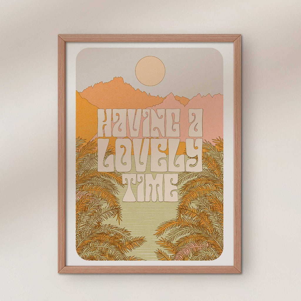 Retro having a lovely time typographic art print with colorful moon and nature landscape illustration — view 3